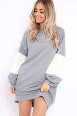 Grey Jumper Dress with Fur Sleeves - Paris-Dresses