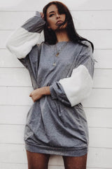 Grey Jumper Dress with Fur Sleeves - Paris-Dresses