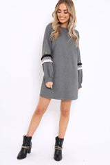 Grey Jumper Dress with Sleeve Trim Detail - Hermina-Dresses