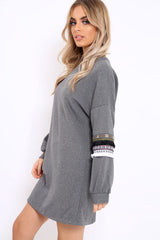 Grey Jumper Dress with Sleeve Trim Detail - Hermina-Dresses