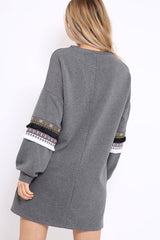 Grey Jumper Dress with Sleeve Trim Detail - Hermina-Dresses