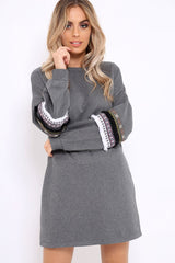 Grey Jumper Dress with Sleeve Trim Detail - Hermina-Dresses