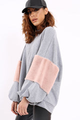 Grey Jumper with Fur Sleeves - Stephanie-Jumper