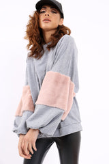 Grey Jumper with Fur Sleeves - Stephanie-Jumper