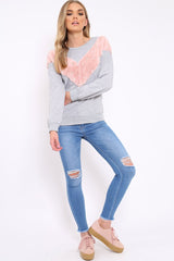 Grey Jumper with Fur and Pearl Front - Annita-Jumper