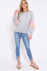 Grey Jumper with Fur and Pearl Sleeves - Izabella-Jumper