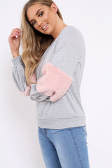 Grey Jumper with Fur and Pearl Sleeves - Izabella-Jumper