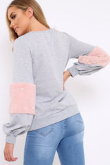 Grey Jumper with Fur and Pearl Sleeves - Izabella-Jumper