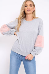Grey Jumper with Fur and Pearl Sleeves - Izabella-Jumper