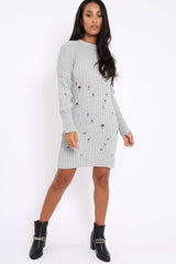 Grey Knit Distressed Jumper Dress - Cheryl-Dresses