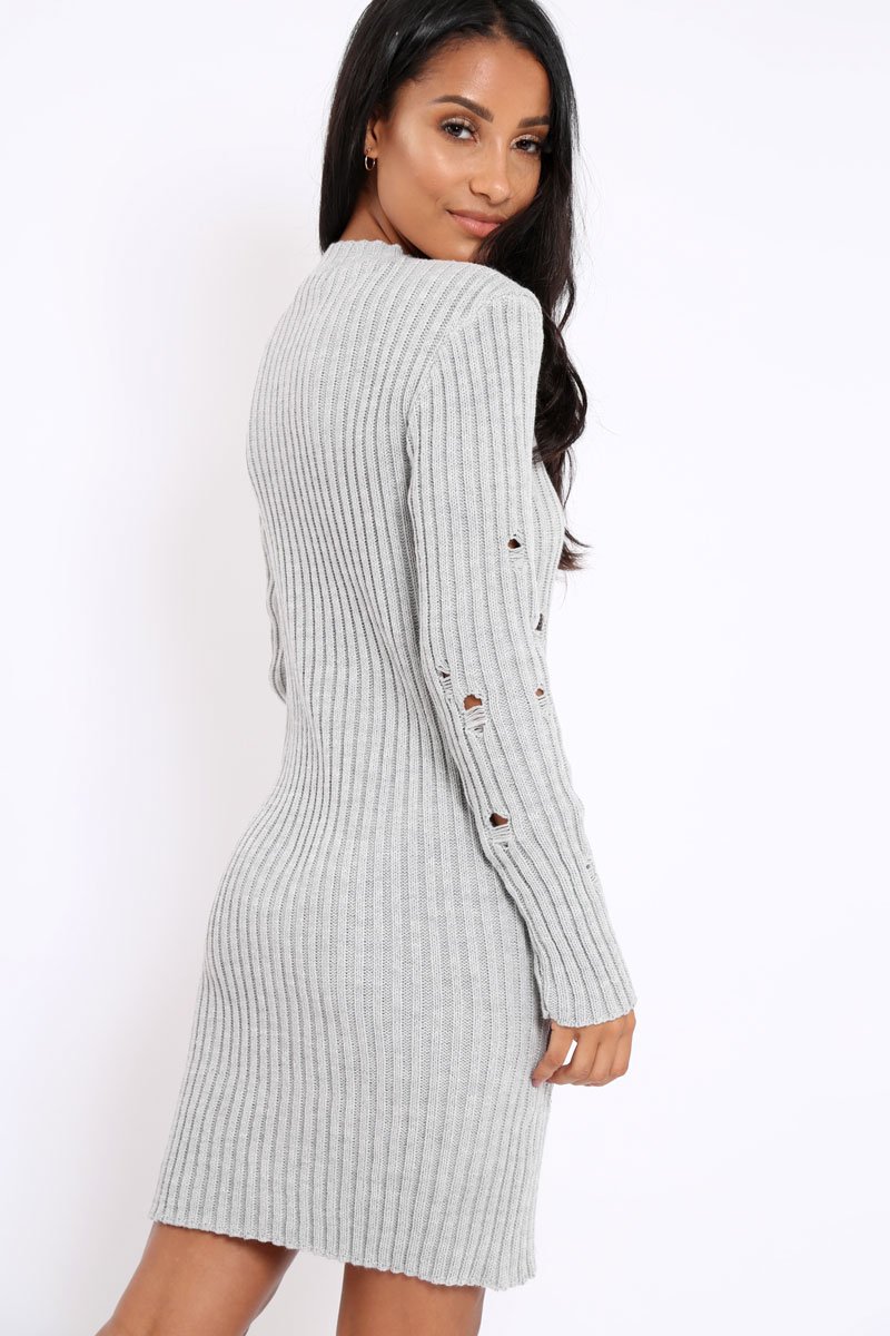 Grey Knit Distressed Jumper Dress - Cheryl Rebellious Fashion Grey Knit Distressed Jumper Dress - Cheryl Rebellious Fashion