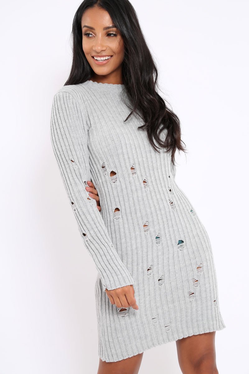 Grey Knit Distressed Jumper Dress - Cheryl-Dresses