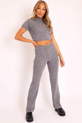 Grey Knit High Neck Crop Top and Trouser Co-ord - Helena-Co-ords