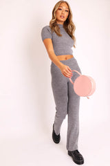 Grey Knit High Neck Crop Top and Trouser Co-ord - Helena-Co-ords