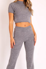 Grey Knit High Neck Crop Top and Trouser Co-ord - Helena-Co-ords