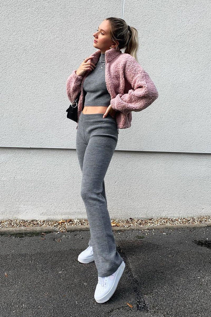 Grey Knit High Neck Crop Top and Trouser Co-ord - Helena-Co-ords