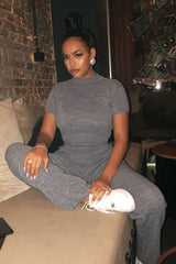 Grey Knit High Neck Crop Top and Trouser Co-ord - Helena-Co-ords