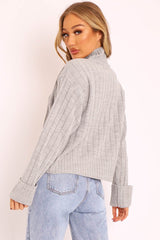 Grey Knit High Neck Jumper - Jaelynn-Jumper