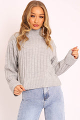 Grey Knit High Neck Jumper - Jaelynn-Jumper