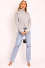 Grey Knit High Neck Jumper - Jaelynn-Jumper