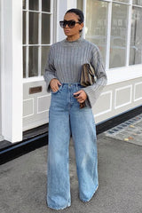 Grey Knit High Neck Jumper - Jaelynn-Jumper