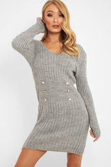 Grey Knit Plunge Button Front Jumper Dress - Cariah-Dresses