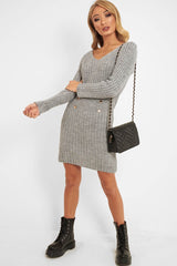 Grey Knit Plunge Button Front Jumper Dress - Cariah-Dresses