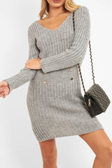 Grey Knit Plunge Button Front Jumper Dress - Cariah-Dresses