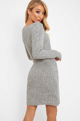 Grey Knit Plunge Button Front Jumper Dress - Cariah-Dresses