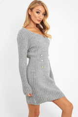 Grey Knit Plunge Button Front Jumper Dress - Cariah-Dresses