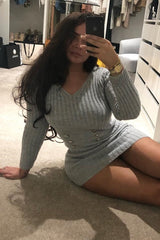 Grey Knit Plunge Button Front Jumper Dress - Cariah-Dresses