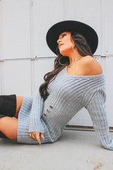 Grey Knit Plunge Button Front Jumper Dress - Cariah-Dresses