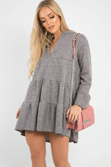 Grey Knit Plunge Flute Sleeve Shift Dress - Halsey-Dresses
