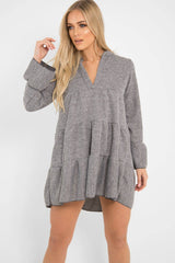 Grey Knit Plunge Flute Sleeve Shift Dress - Halsey-Dresses