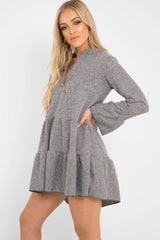 Grey Knit Plunge Flute Sleeve Shift Dress - Halsey-Dresses