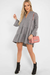 Grey Knit Plunge Flute Sleeve Shift Dress - Halsey-Dresses