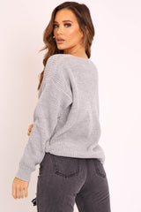Grey Knit Plunge Neckline Jumper - Roselie-Jumper