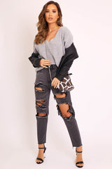 Grey Knit Plunge Neckline Jumper - Roselie-Jumper