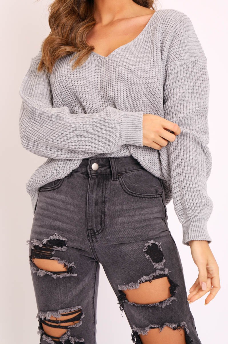 Grey Knit Plunge Neckline Jumper - Roselie-Jumper