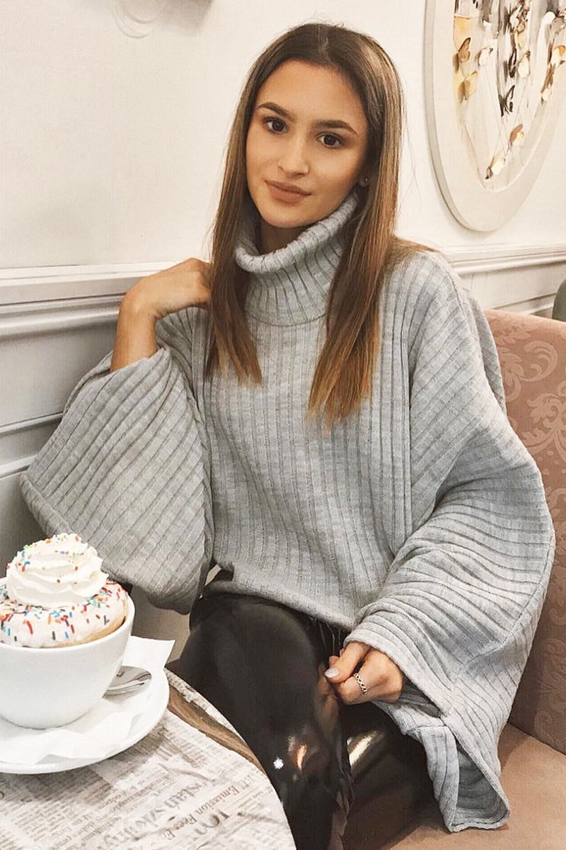 Grey Knit Roll Neck Batwing Jumper - Fallon-Jumper