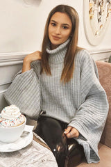 Grey Knit Roll Neck Batwing Jumper - Fallon-Jumper