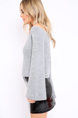 Grey Knitted Bardot Jumper - Jaden-Knitwear