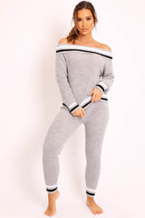 Grey Knitted Bardot Jumper Legging Loungewear Co-ord - Neala-Co-ords