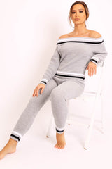 Grey Knitted Bardot Jumper Legging Loungewear Co-ord - Neala-Co-ords