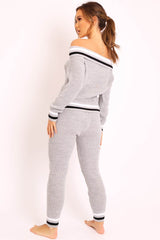 Grey Knitted Bardot Jumper Legging Loungewear Co-ord - Neala-Co-ords