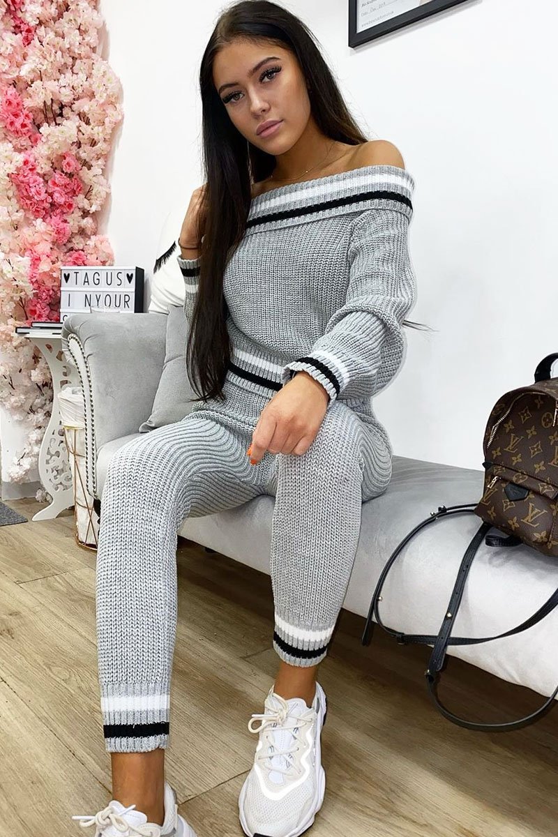 Grey Knitted Bardot Jumper Legging Loungewear Co-ord - Neala-Co-ords