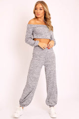 Grey Knitted Bardot Top and Oversized Joggers Loungewear Co-ord - Lorel-Co-ords