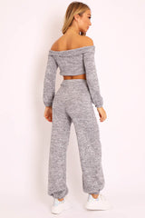 Grey Knitted Bardot Top and Oversized Joggers Loungewear Co-ord - Lorel-Co-ords