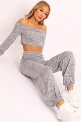 Grey Knitted Bardot Top and Oversized Joggers Loungewear Co-ord - Lorel-Co-ords