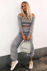 Grey Knitted Bardot Top and Oversized Joggers Loungewear Co-ord - Lorel-Co-ords